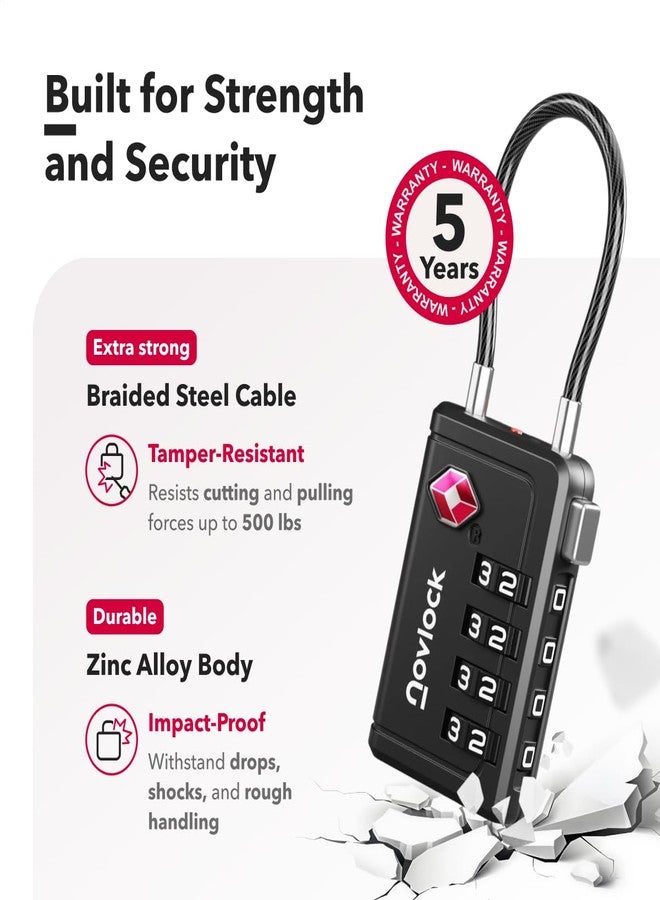 NovLock TSA Approved Luggage Locks | Inspection Indicator, 4-Digit Combination, Durable Zinc Alloy | for Suitcases, Backpacks, Travel Bags | Black, 4-Pack - Image 4